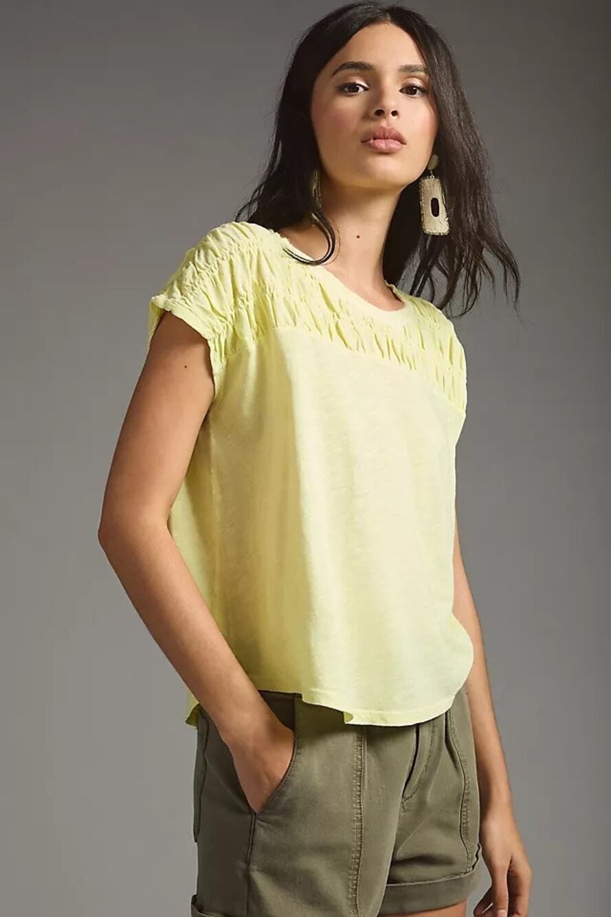 Pilcro Neon Yellow Cotton Light Weght Flowy T-Shirt Smocked Basic Size XS